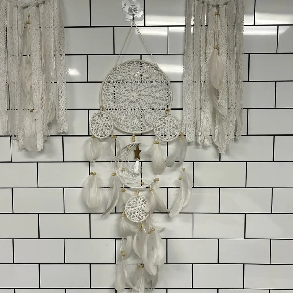 Boho Cream Dreamcatcher Wall Set 6pc Lace Feather Crochet Hanging Decor - Picture 5 of 9